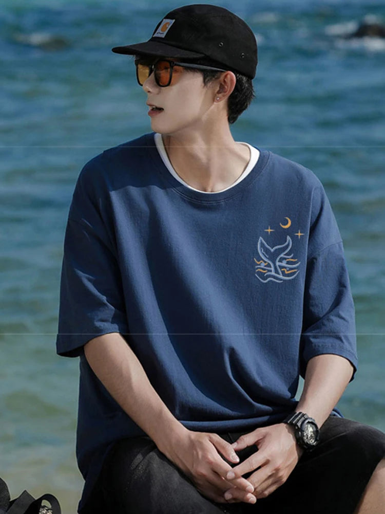 Skatercore Vintage anime – Kawaii Whale Tail Print T Shirt Men Hip Hop Fashion Cotton G