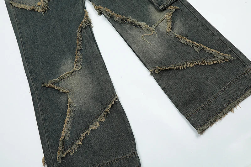 fashion patchwork frayed star denim straight jean pant men casual side pocket y2k trouser unisex hip hop streetwear jeans pants unique jeans style 403