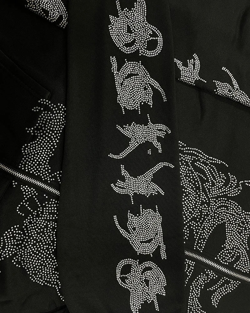Y2K Rhinestone Skeleton Men Women Grunge Hooded Jacket Zip Up Oversize