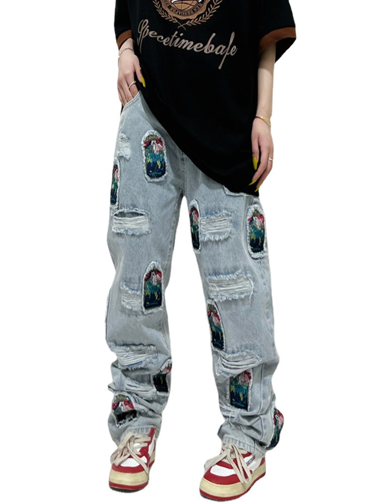 fashion ripped holes patchwork harajuku embroidery denim straight jean pants y2k trouser unisex hip hop streetwear jeans pants unique jeans style 4234