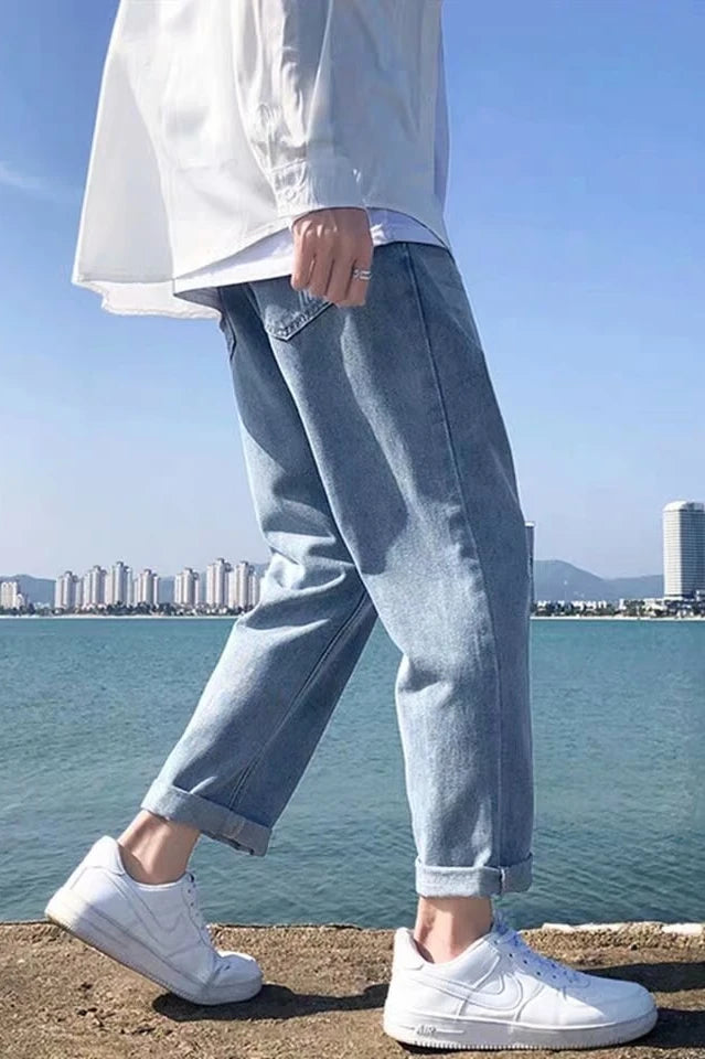 2023 summer jeans men loose straight korean style trendy comfortable casual all match student casual pants mens wide leg pants ripped baggy denim
