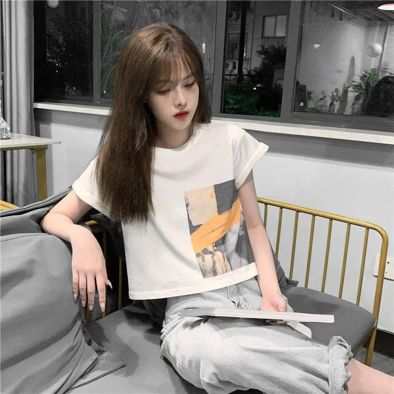 Skatercore Vintage print – New Summer New Pure Cotton Discreet Navel Baring Short Sleev