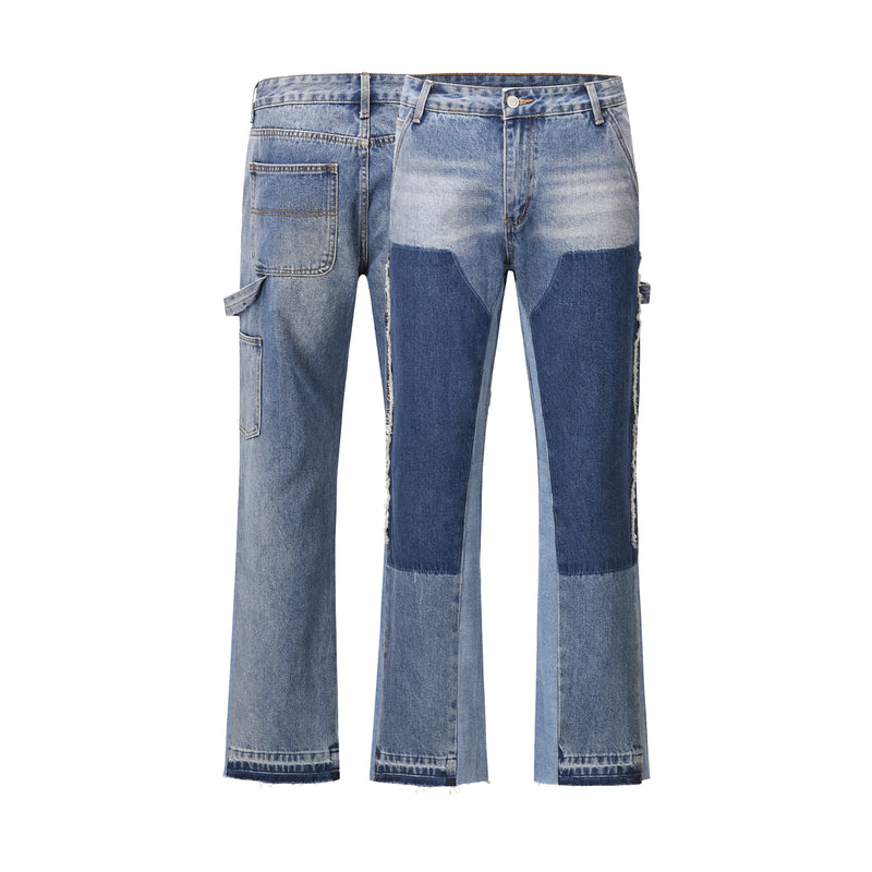 high street fashion contrast straight tube micro flared jean horn pant washing mens tassel vintage patchwork wide denim jeans unique jeans style 5001