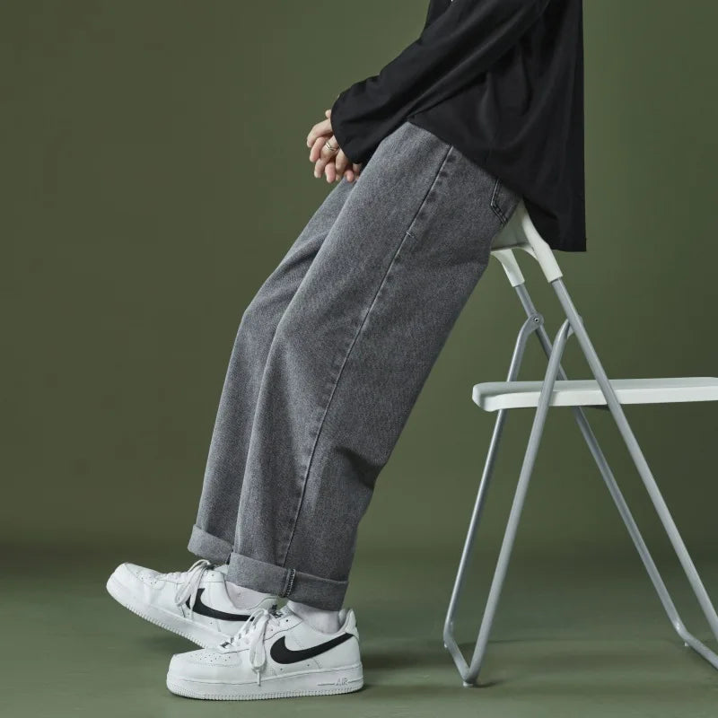 2023 autumn and winter new casual jeans men loose straight wide leg pants fashion trousers boutique clothing simple style unique jeans style 3648