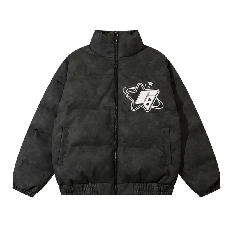 Men PU Leather Warm Jacket Winter Vintage Waterproof Parkas Embroidery Letter Thick Padded Coat Streetwear Hip Hop Loose Parka