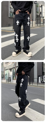 men embroidery streetwear brand fashion hip hop loose casual straight motorcycle denim jeans pant cityboy y2k jeans trousers unique jeans style 2493