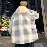 American high street men and women trendy personalized hooded cardigan sweatshirt couple loose retro plaid casual jacket top y2k