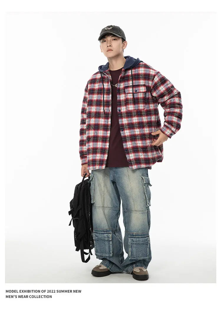 Winter Quilted Thick Plaid Hooded Jacket Men Wmen Streetwear Fashion Oversize Loose Casual Hoody Jacket Padded-cotton Parka Coat