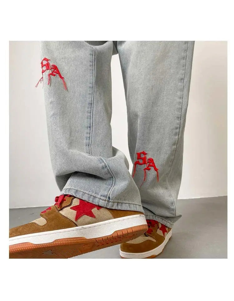 2023 summer new fashion retro embroidery jeans loose straight leg pants versatile wide leg pants boutique clothing simple style unique jeans style 3951