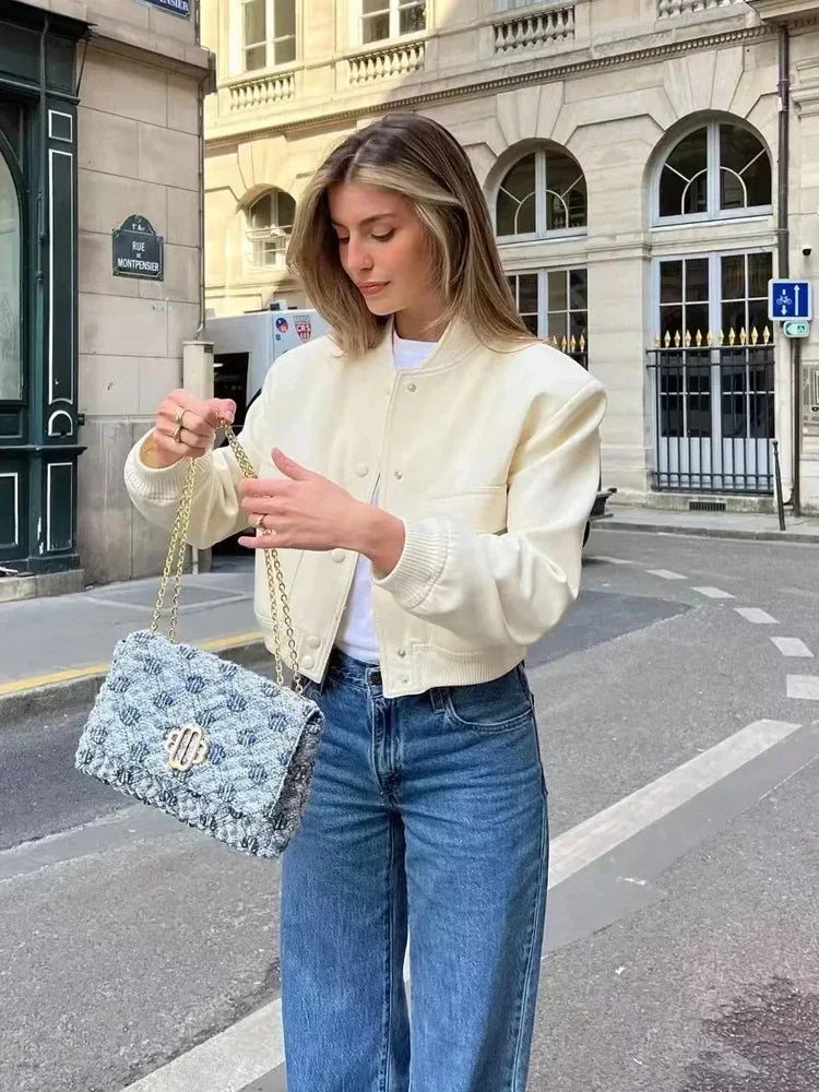 Women Bomber Jacket White Autumn And Winter Button Baseball Bomber Sho