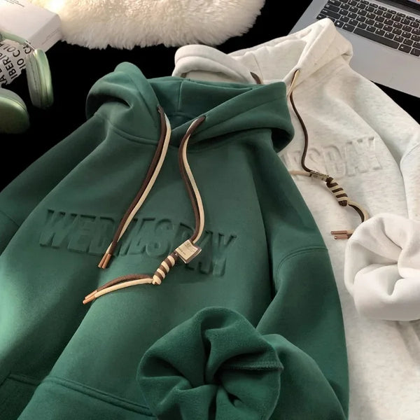 Embossed Letters Casual Hooded Sweatshirt Basic Colours Drawstring Cla