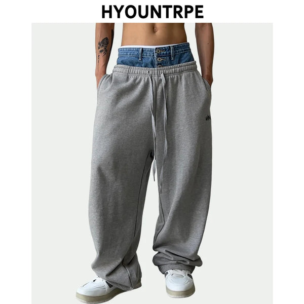 hip hop straight pants spliced button jean elastic waist pants loose trousers unisex casual drewstring sportwear pants joggers casual joggers