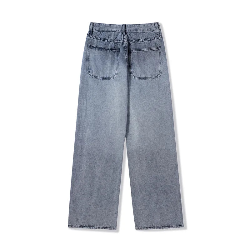 rainbowtouches mens washed jeans vintage high street gradient fashion trends zipper jeans loose straight long pant casual pants unique jeans style 3518