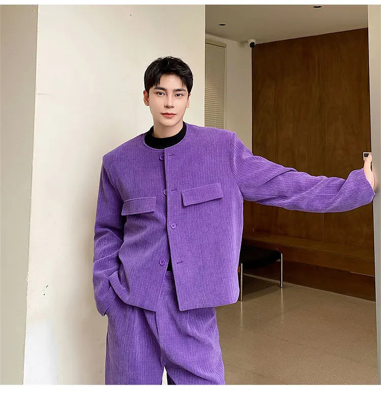 men 2 pieces sets corduroy short jacket wide leg pant suits korean streetwear fashion loose casual retro coat baggy trousers unique shorts style 2801