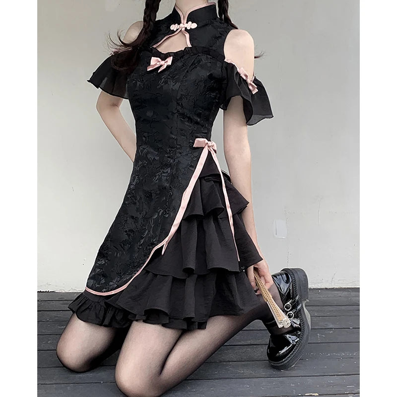 Vintage Chinese Style Cheongsam High Split Mini Dress 2024 Tie Dye Gothic Women Aesthetic Bandage Dresses Y2k Sexy Bodycon Robe