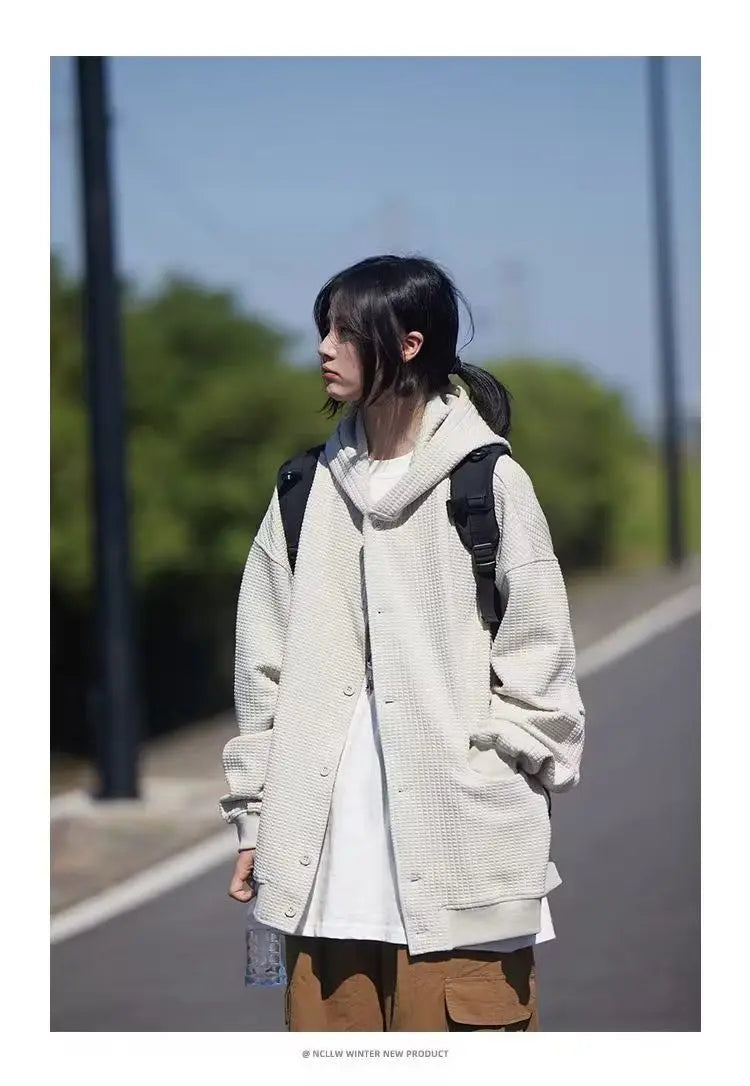 Korean Retro Y2K Waffle Hooded Jacket for Men and Women Ins Harajuku Style Casual Loose Couple Wear Cardigan Sweatshirt
