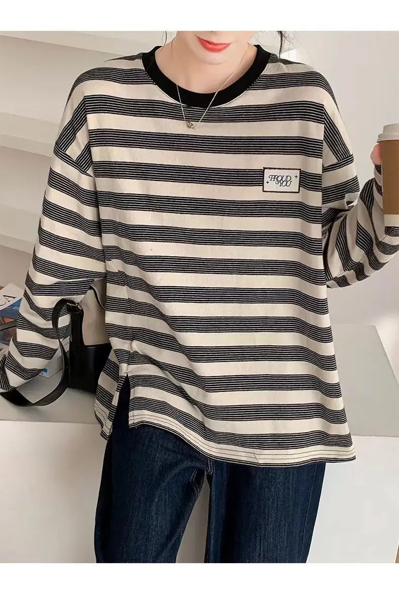 Y2k Vintage print – Design Niche Slit Striped Bottoming Shirt Women Autumn And W