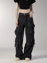 fashion loose streetwear cargo denim jeans unisex casual multi pocket straight jean pants with belt hip hop joggers baggy jeans unique joggers style 3712