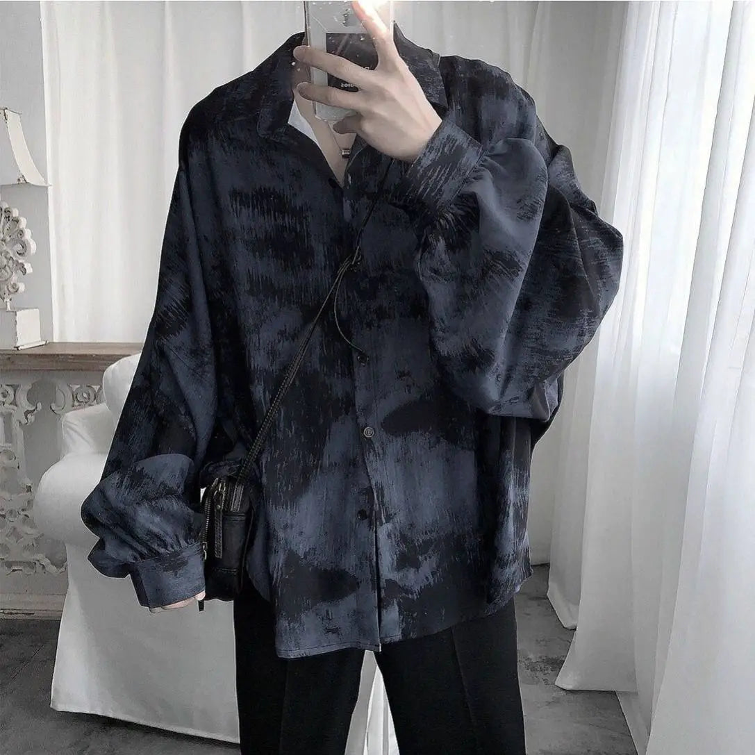Tie dye loose shirt men long sleeved early autumn Korean version student ins men shirt dark abstinence