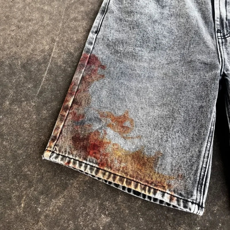 harajuku retro cartoon print oversized wide leg pants gothic washed distressed jeans men y2k fashion casual denim shorts women unique jeans style 3746