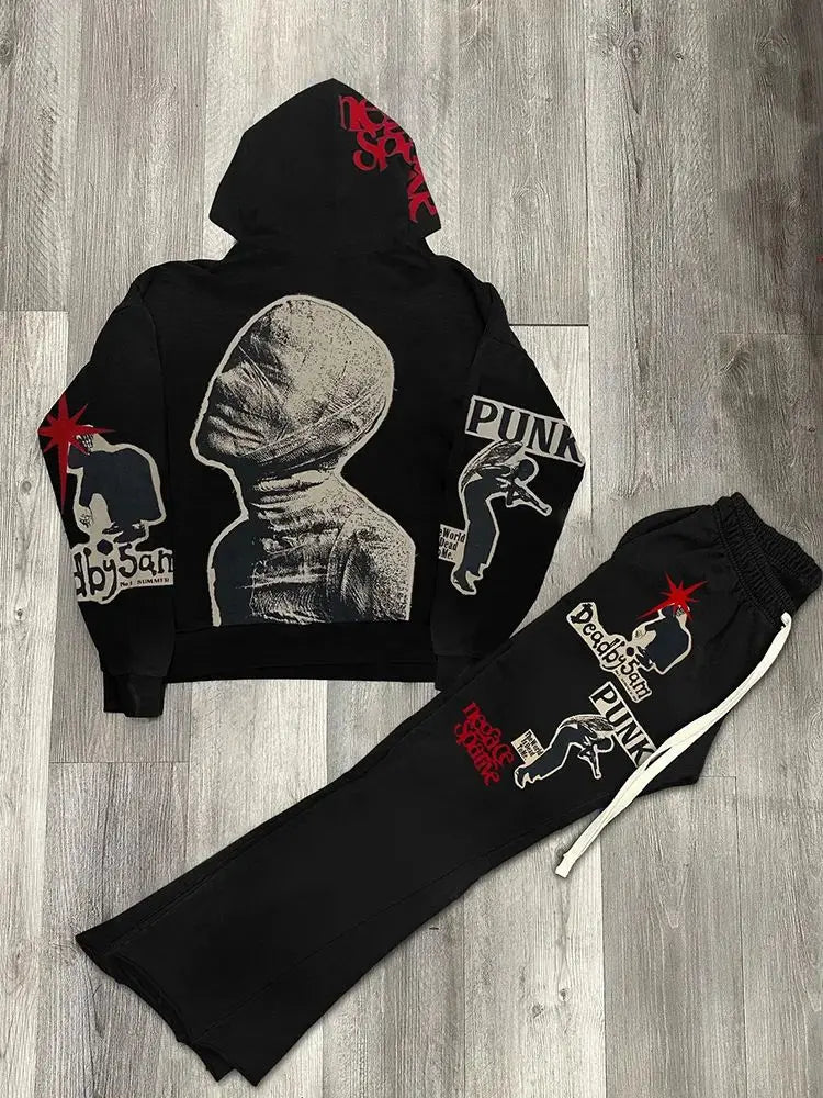 y2k vintage mummy graphic digital drawstring casual sports pants women street autumn winter set print hooded men sweatshirts urban fashion pants