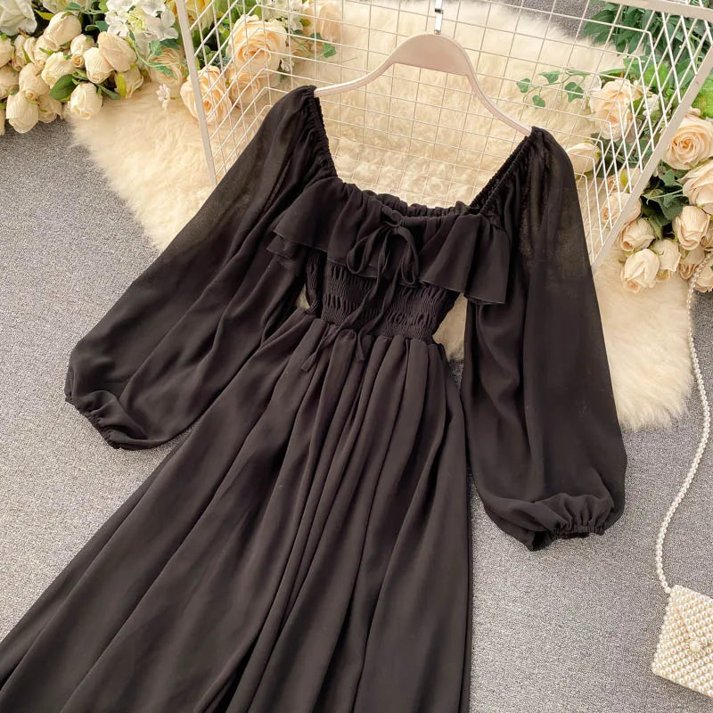 Chic Elegant Square Collar Maxi Dress Women Solid Chiffon Puff Sleeve Dresses 2023 Korean Fashion Vintage Ruffle Vestidos