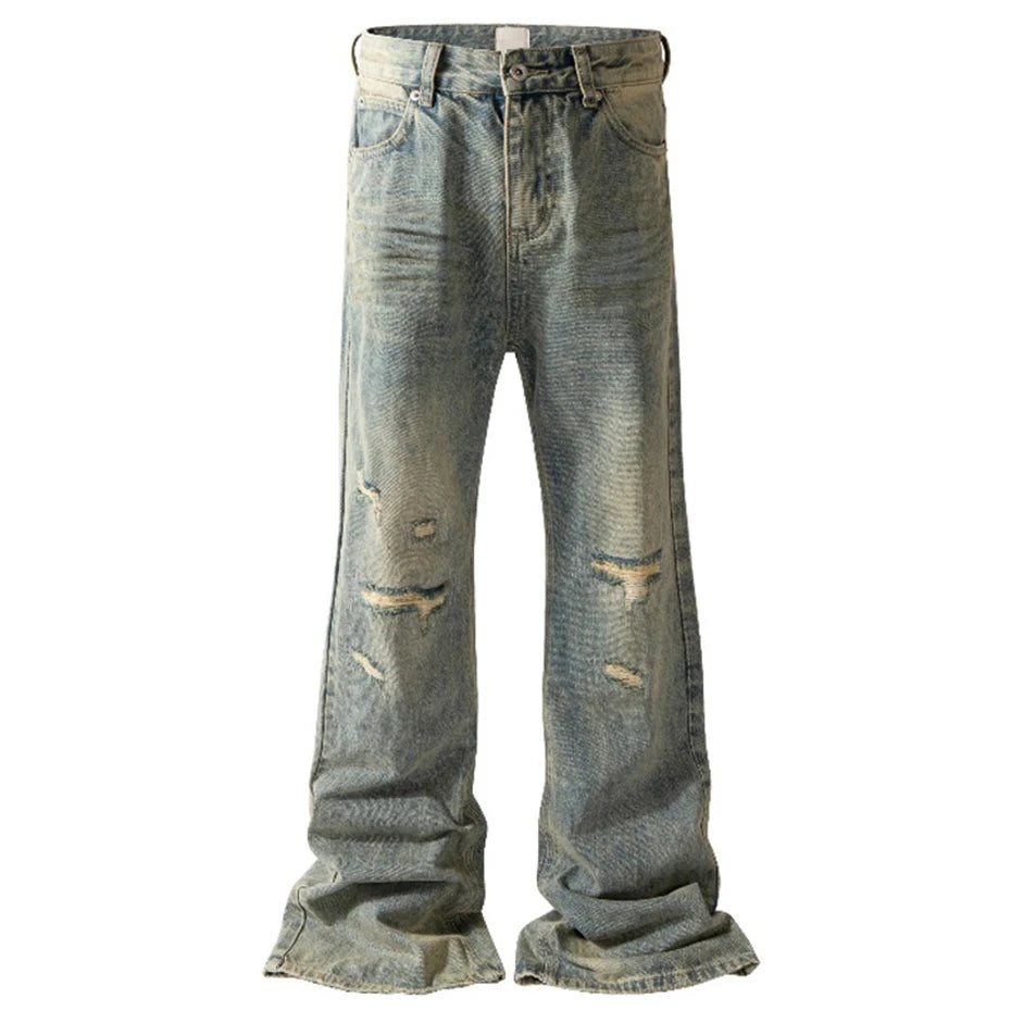 mens vintage ripped jeans distressed hole blue flared jeans trousers luxury designer male denim pants unique jeans style 1625