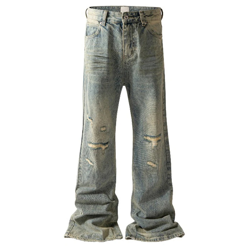 mens vintage ripped jeans distressed hole blue flared jeans trousers luxury designer male denim pants unique jeans style 1625
