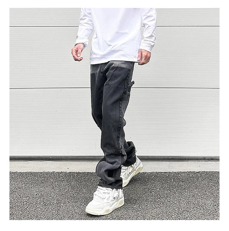 high street fashion contrast straight tube micro flared jean horn pant washing mens tassel vintage patchwork wide denim jeans unique jeans style 4997