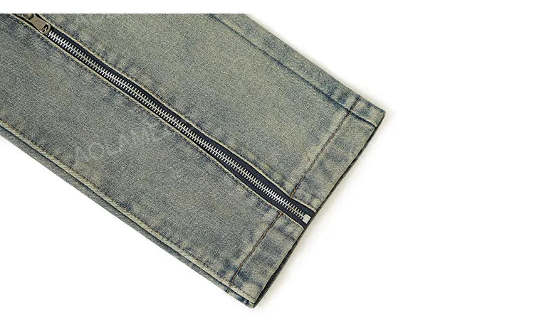 streetwear mens zipper jeans solid color patchwork straight jeans summer casual hip hop denim pants high street loose trousers unique jeans style 3510