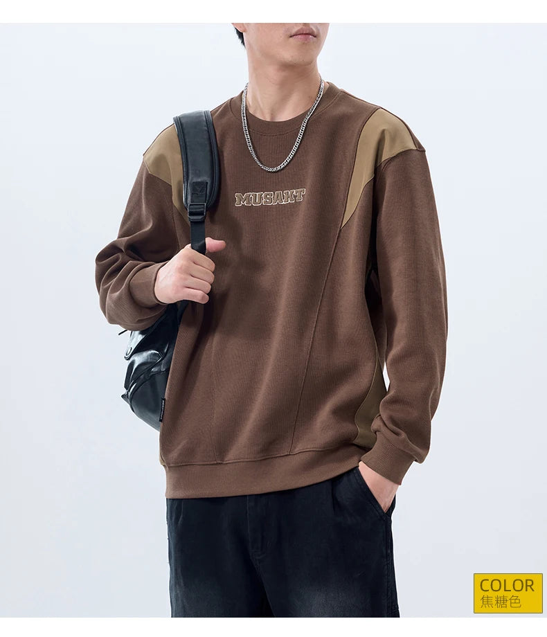 Men Handsome Splice Embroidery Fashion Loose Casual Pullover Sweatshir