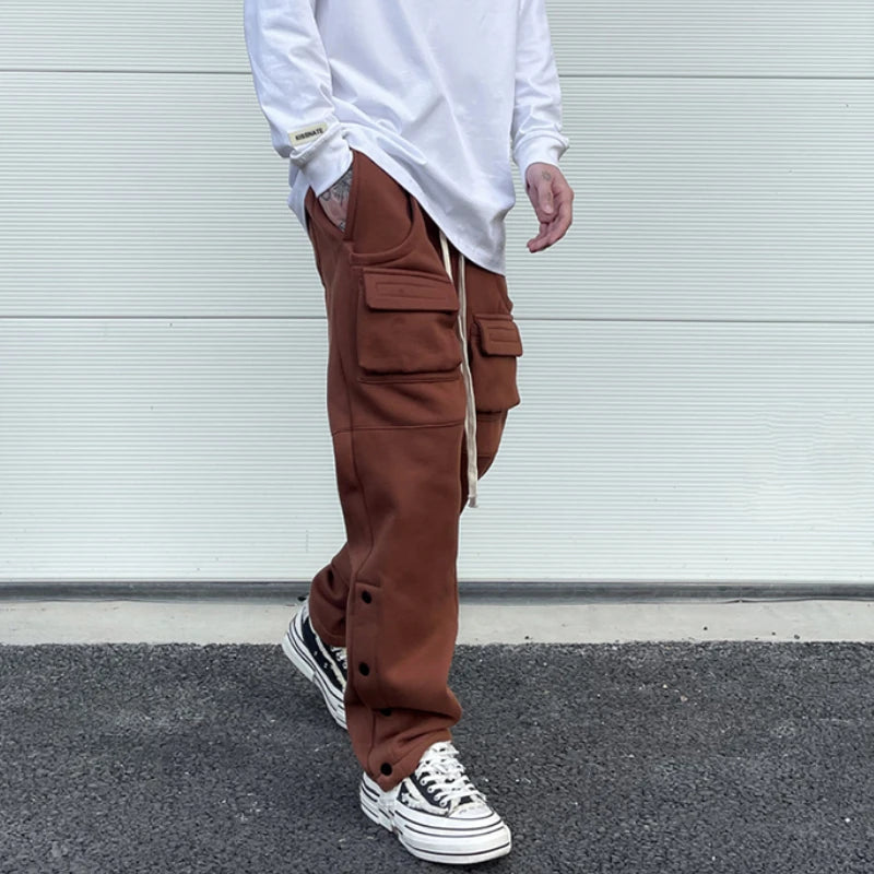 mens high street loose fit elastic waist pants winter warm fleece pants bottons hip hop drawstring sportwear sweatpants joggers casual joggers