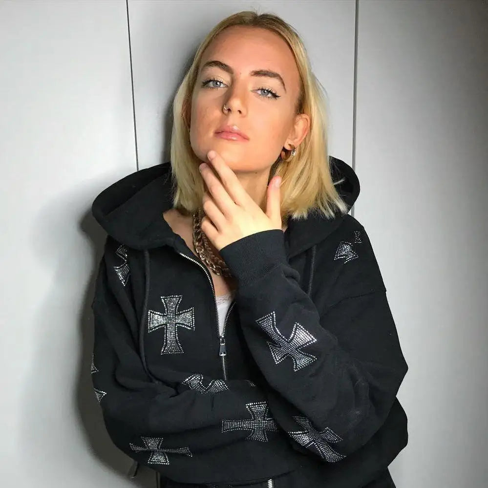 Men Women Cross Rhinestone Coat Leisure Hoodies Oversized Zip Up Hoodie