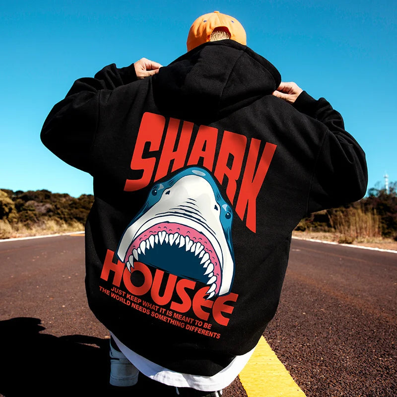 New In Anime Shark Graphic Printed Hooded Sweatshirts Men Hip Hop Fash