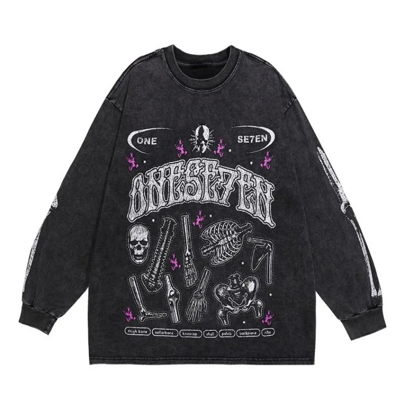 Harajuku Oversized shirt – Fashion Distressed Washed T Shirt Harajuku Skull Skeleton Pr