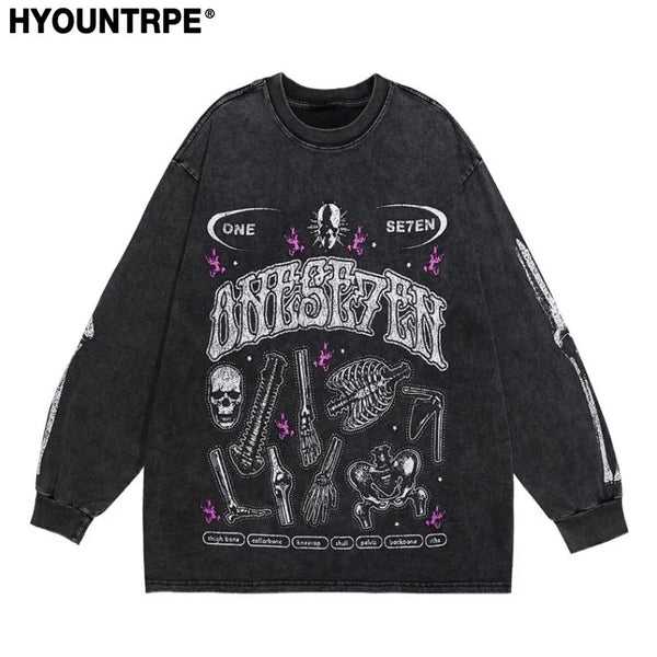 Harajuku Oversized shirt – Fashion Distressed Washed T Shirt Harajuku Skull Skeleton Pr