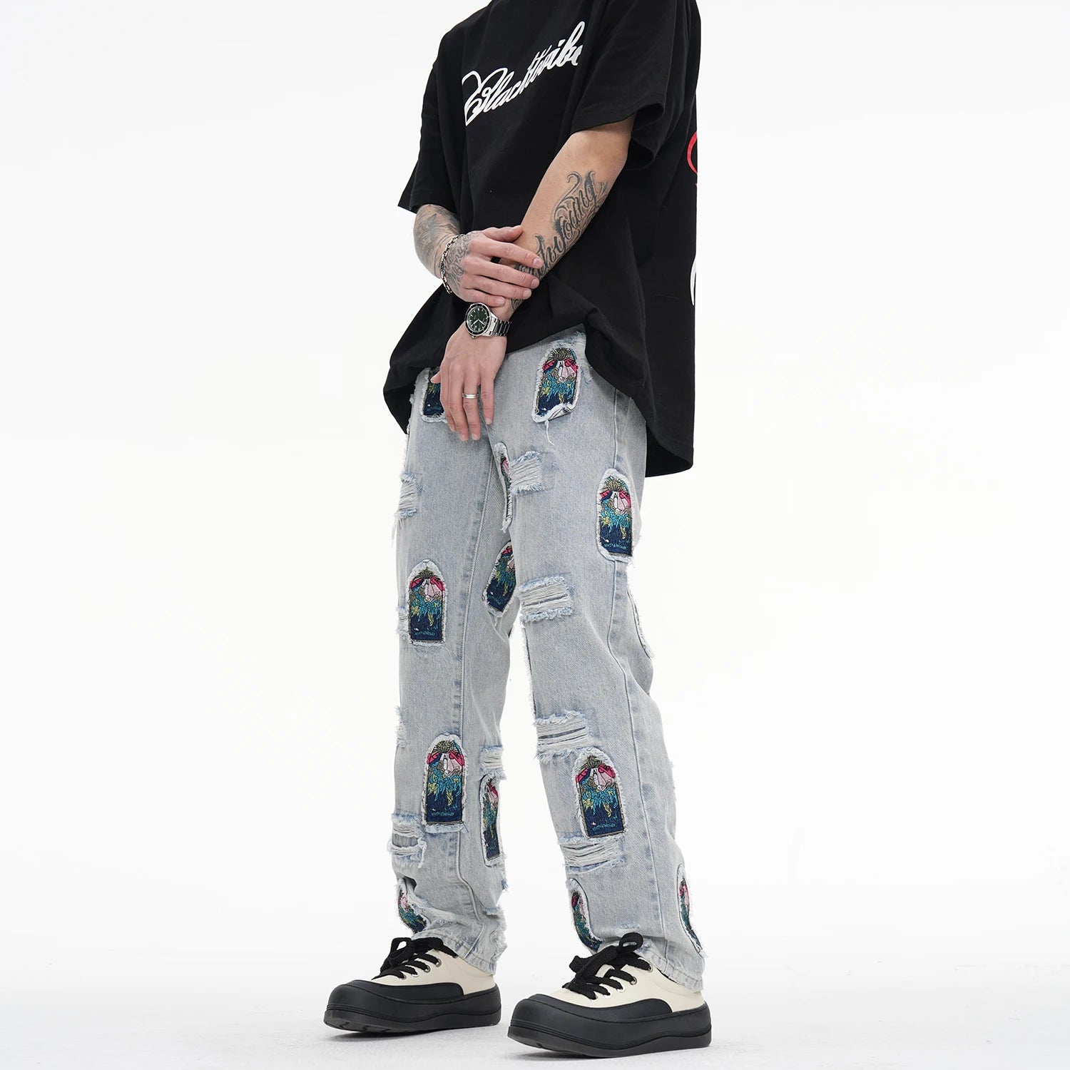 retro patch embroidered pleated jean for men street wear washed destroyed straight patchwork ripped jeans pants baggy hip hop ripped baggy denim
