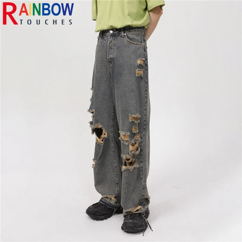 rainbowtouches 2022 men washed jeans vintage high street hole design fashion jeans popular loose straight hip hop long pants stacked flare jeans