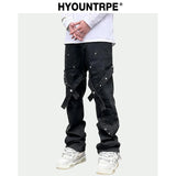 fashion knee adjust belt decoration denim jeans zipper straight jeans hip hop streetwear mens casual loose joggers jeans pants sporty tapered joggers