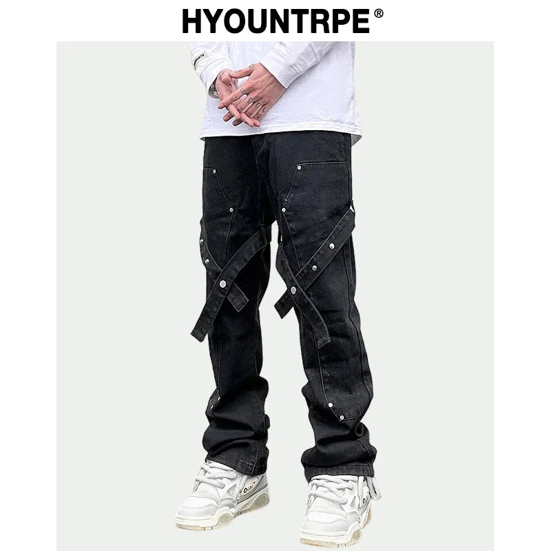 fashion knee adjust belt decoration denim jeans zipper straight jeans hip hop streetwear mens casual loose joggers jeans pants sporty tapered joggers