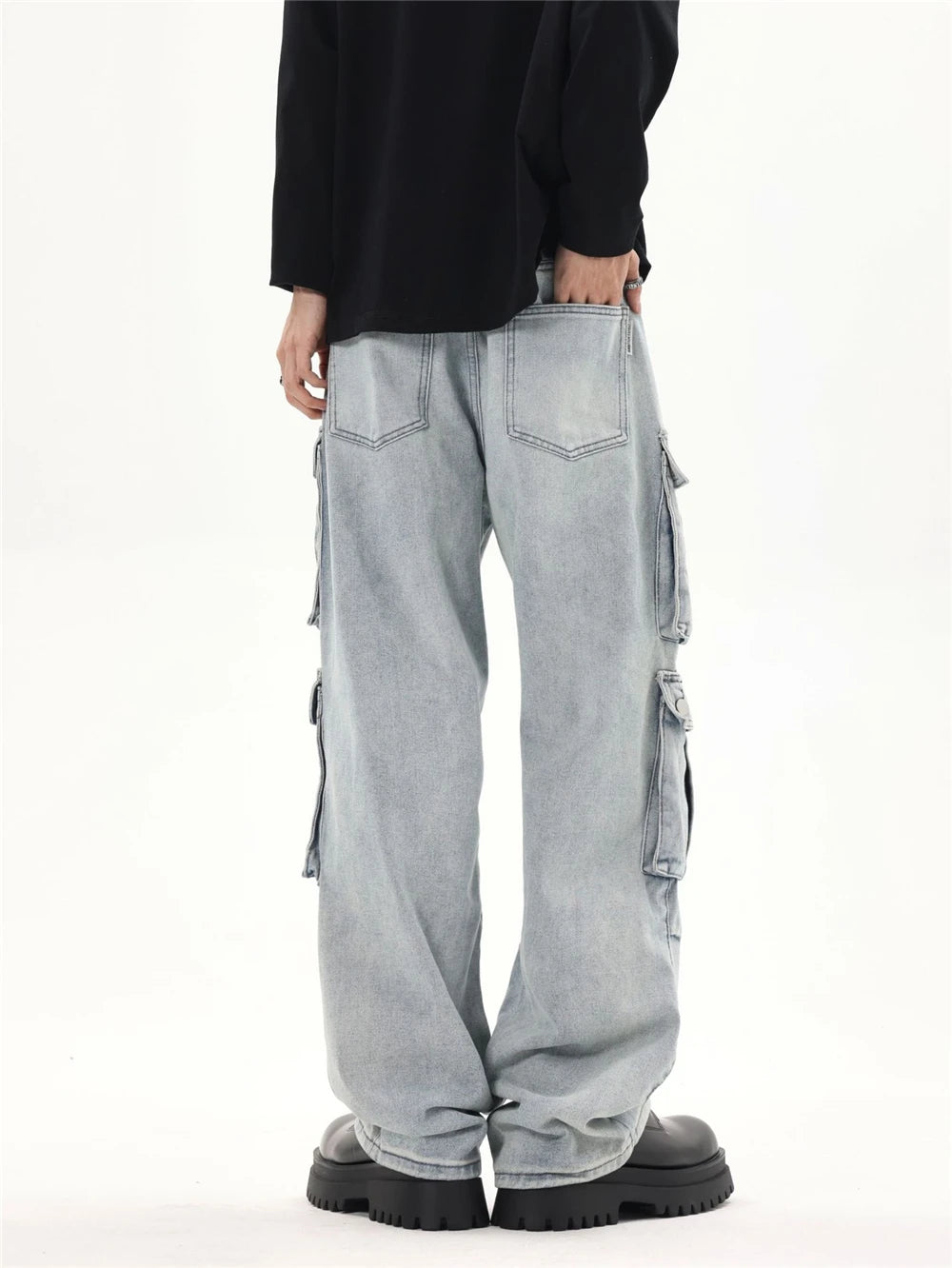 2024 multi pocket jeans vintage mens harajuku cargo denim pants retro hip hop straight loose jean pants unique cargo style 896