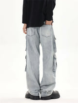 2024 multi pocket jeans vintage mens harajuku cargo denim pants retro hip hop straight loose jean pants unique cargo style 896