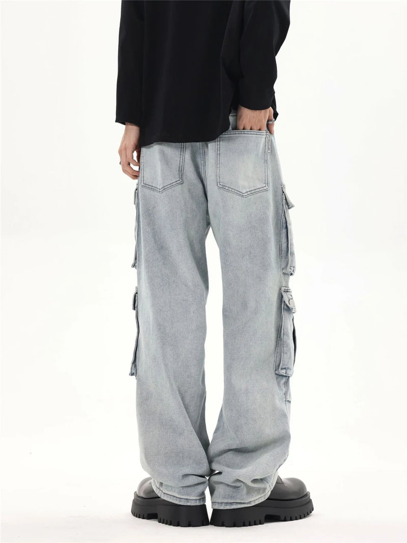2024 multi pocket jeans vintage mens harajuku cargo denim pants retro hip hop straight loose jean pants unique cargo style 896