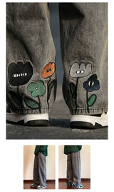 new mens y2k flower printed baggy jeans 2025 streetwear american casual denim wide leg pants hombre vintage straight trousers unique jeans style 689