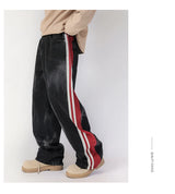 men streetwear fashion side splice hip hop loose casual wide leg straight baggy jeans pant cityboy jeans pants trousers unique jeans style 2623