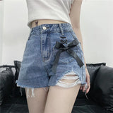 high waist women denim shorts summer fashion bow loose shorts korean casual female streetwear all match ripped pants urban skinny jeans