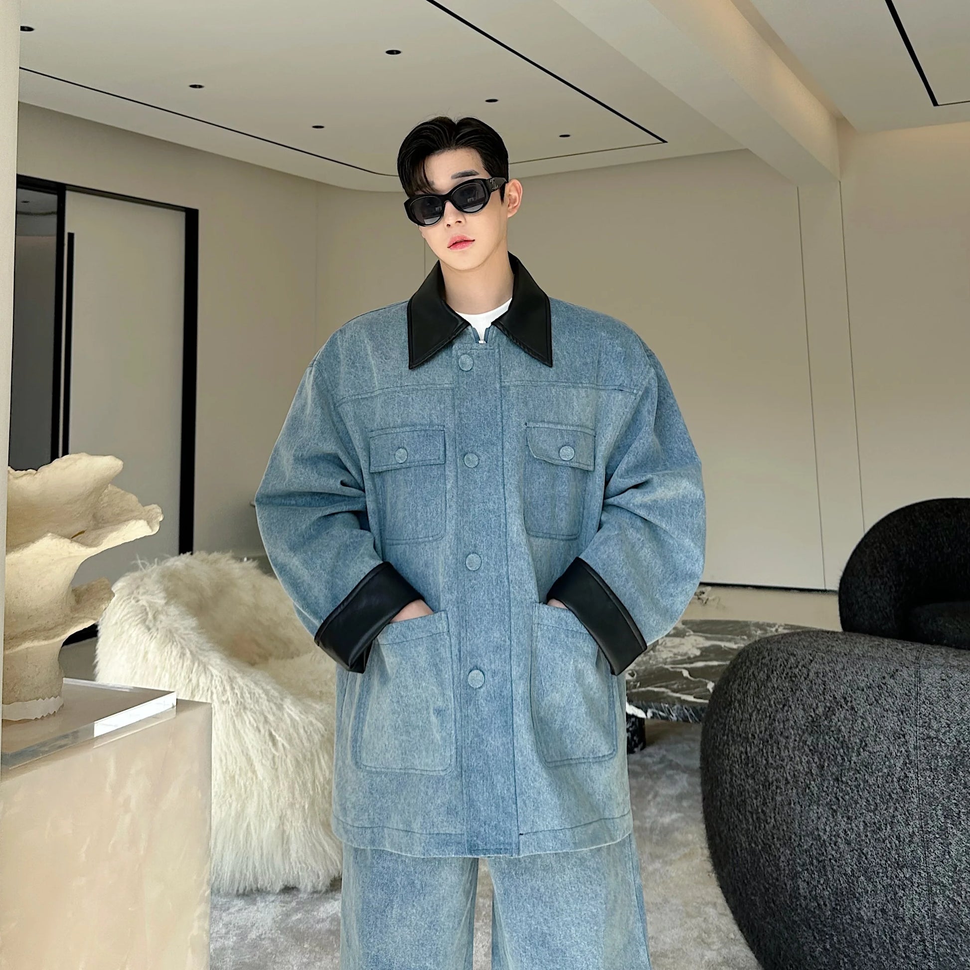 fashion show suits men streetwear washed denim splice loose casual jacket wide leg jeans pants 2 piece sets coat trousers suits unique jeans style 2744