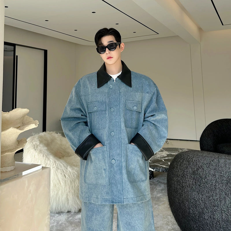 fashion show suits men streetwear washed denim splice loose casual jacket wide leg jeans pants 2 piece sets coat trousers suits unique jeans style 2744