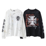 sssaint Louis Vintage Dirty Worn Distressed Cross Print High-Street Graffiti Long Sleeve T Shirt Pullover Summer