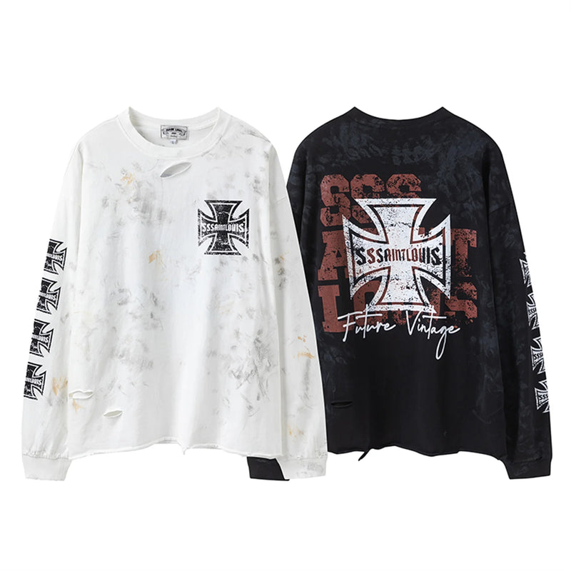 sssaint Louis Vintage Dirty Worn Distressed Cross Print High-Street Graffiti Long Sleeve T Shirt Pullover Summer